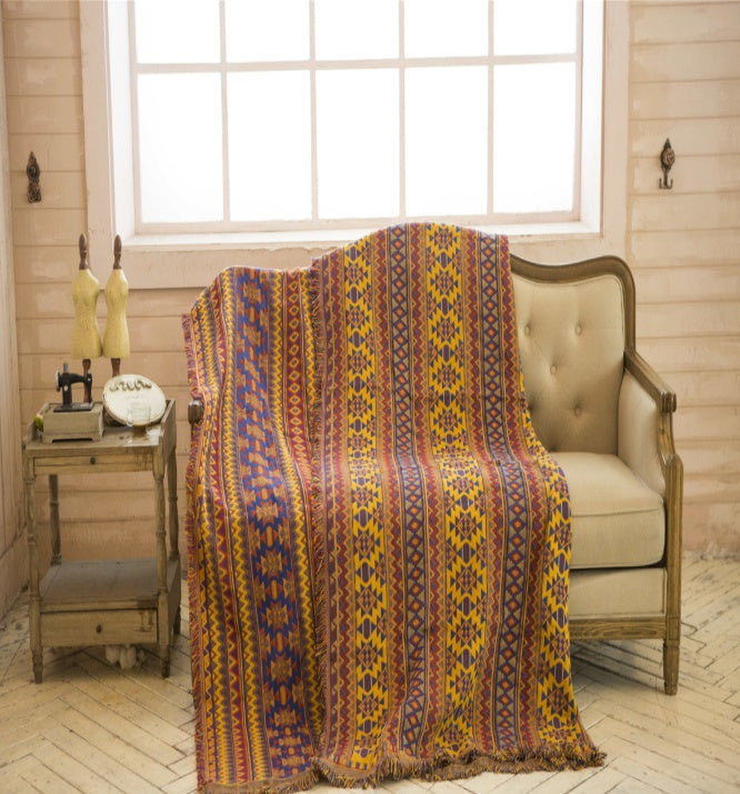 HKM-895955 Geometric Cotton Sofa Cover Blanket in Mediterranean Style – Multiple Sizes for Versatile Use
