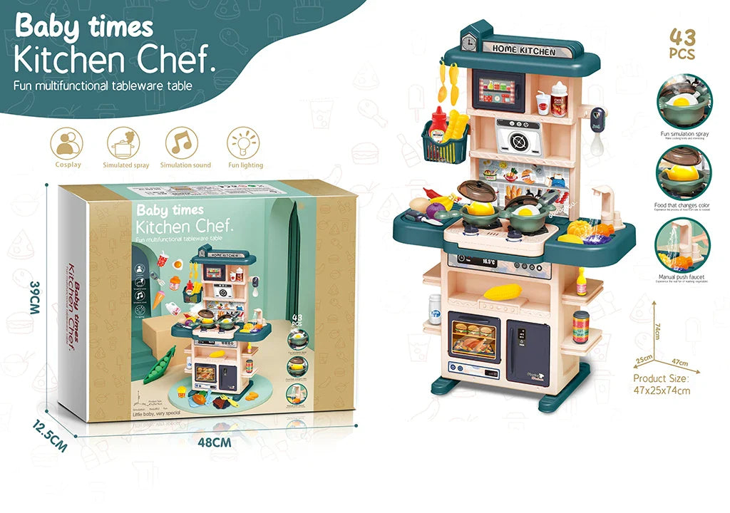 HKM-896339 Mini Kitchen Play Set with Real Cooking Sink - 43PCS Pretend Food Toys for Kids