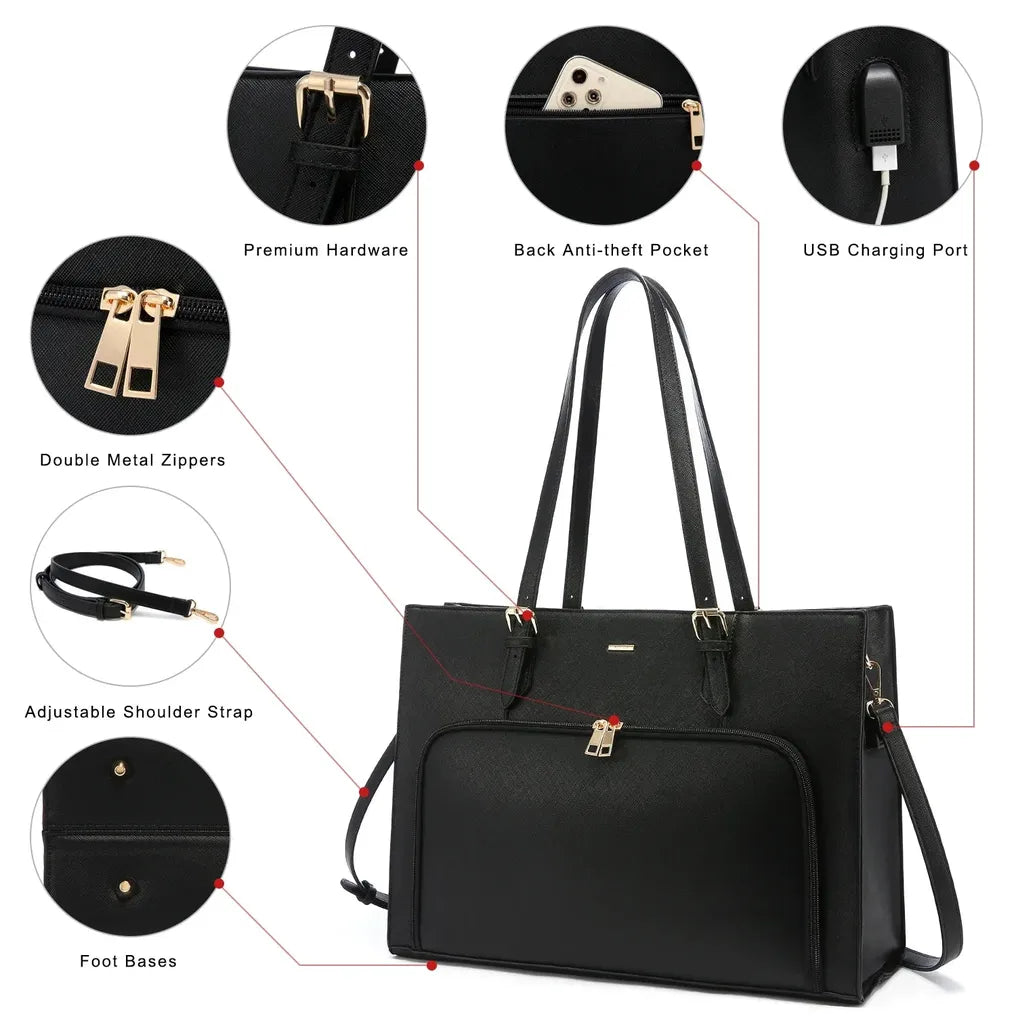 HKM-896595 Fashionable Waterproof Leather Laptop Tote Bag with USB Port for Business and School Use