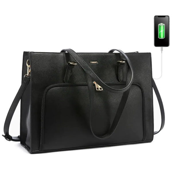 HKM-896595 Fashionable Waterproof Leather Laptop Tote Bag with USB Port for Business and School Use