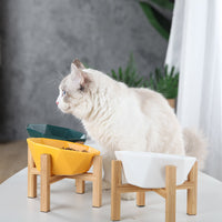 HKM-8968125 Ceramic High-Footed Cat Food Bowl with Bamboo Wood Base, 250g Capacity
