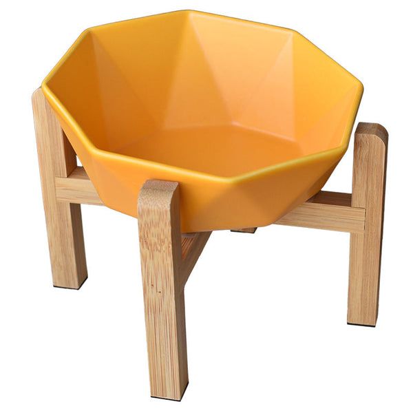 HKM-8968125 Ceramic High-Footed Cat Food Bowl with Bamboo Wood Base, 250g Capacity