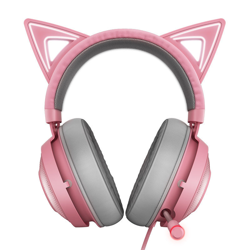 HKM-897107 Glowing Cat Ear Headphones - Wired USB Head-Mounted Design for Universal Compatibility