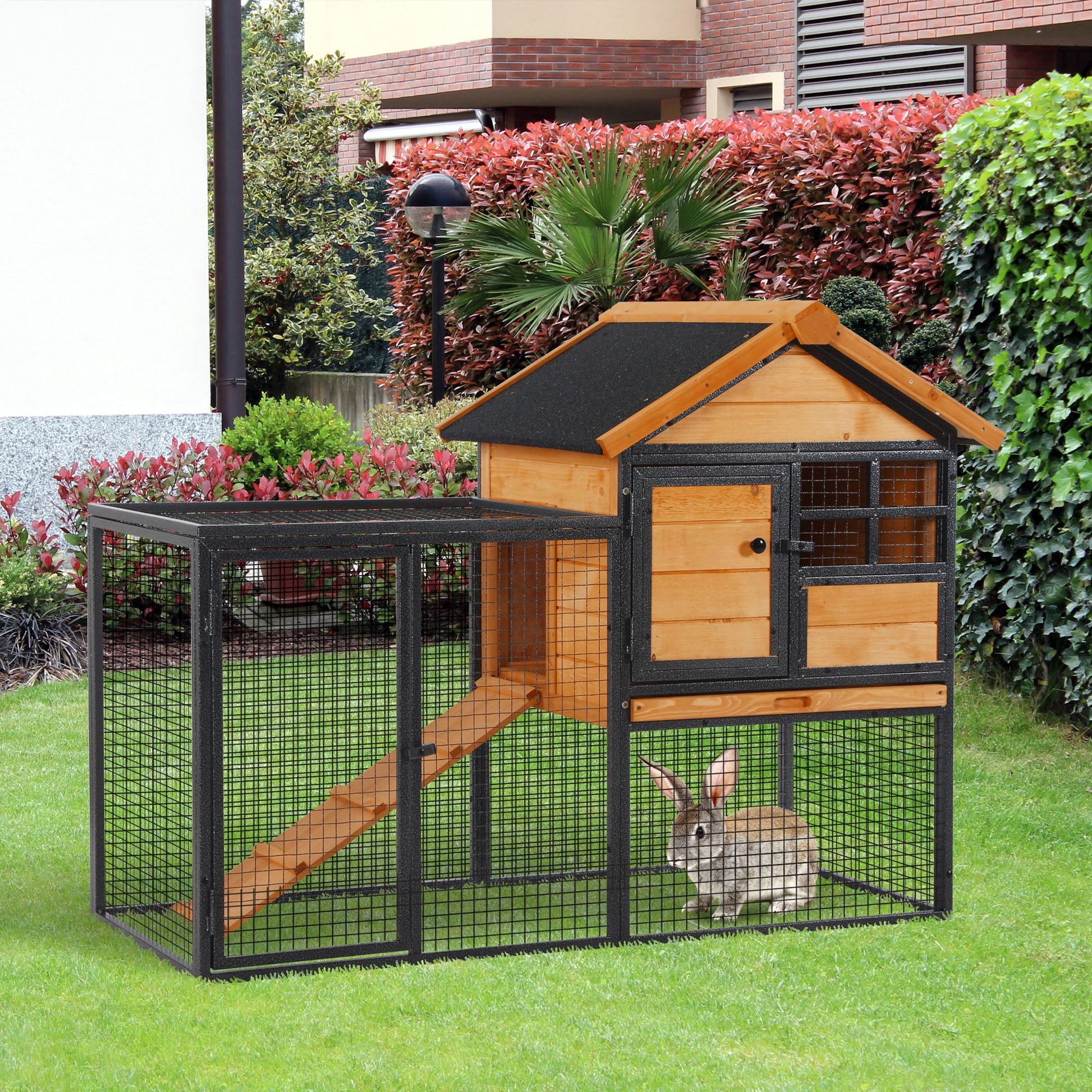 HKM-8971581 2-Level Outdoor Rabbit Hutch with Weatherproof Roof, Removable Tray, and Ramp