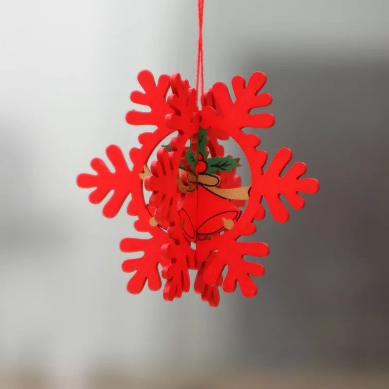 HKM-897171 Wooden Christmas Tree Pendant Set - Five-Pointed Star, Bell, Red Snowflake, and More