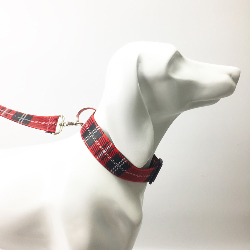 HKM-8973501 Casual Check Pattern Dog Collar and Leash Set in Red, Yellow, and Silver Lattice Designs
