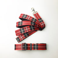 HKM-8973501 Casual Check Pattern Dog Collar and Leash Set in Red, Yellow, and Silver Lattice Designs