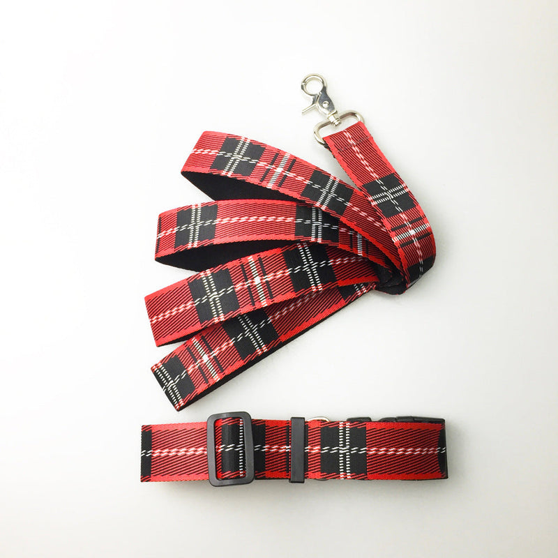HKM-8973501 Casual Check Pattern Dog Collar and Leash Set in Red, Yellow, and Silver Lattice Designs