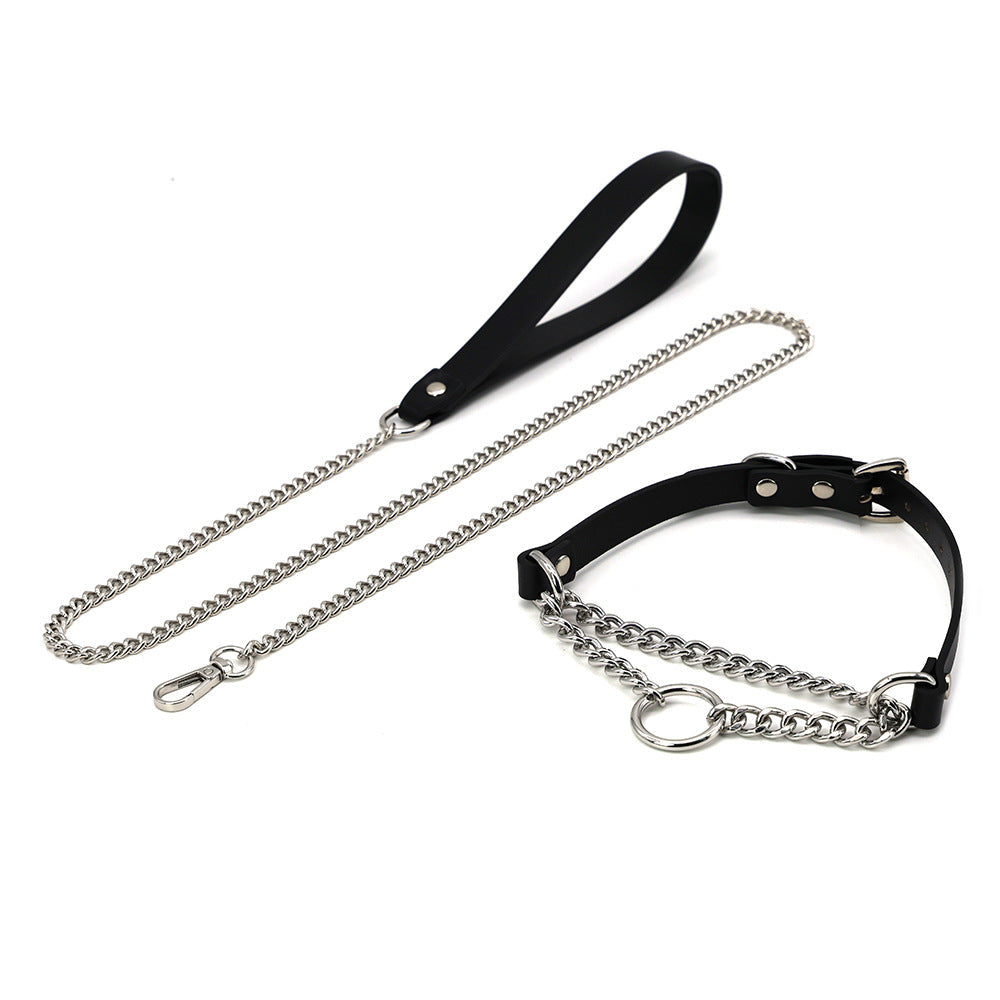 HKM-8975677 Black Leather Collar and Leash Set for Punk Fashion and Sub-Cultures