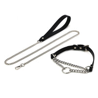 HKM-8975677 Black Leather Collar and Leash Set for Punk Fashion and Sub-Cultures