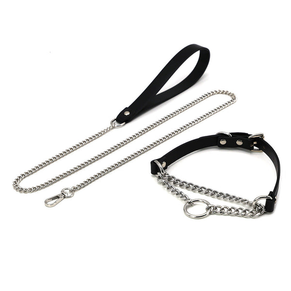 HKM-8975677 Black Leather Collar and Leash Set for Punk Fashion and Sub-Cultures