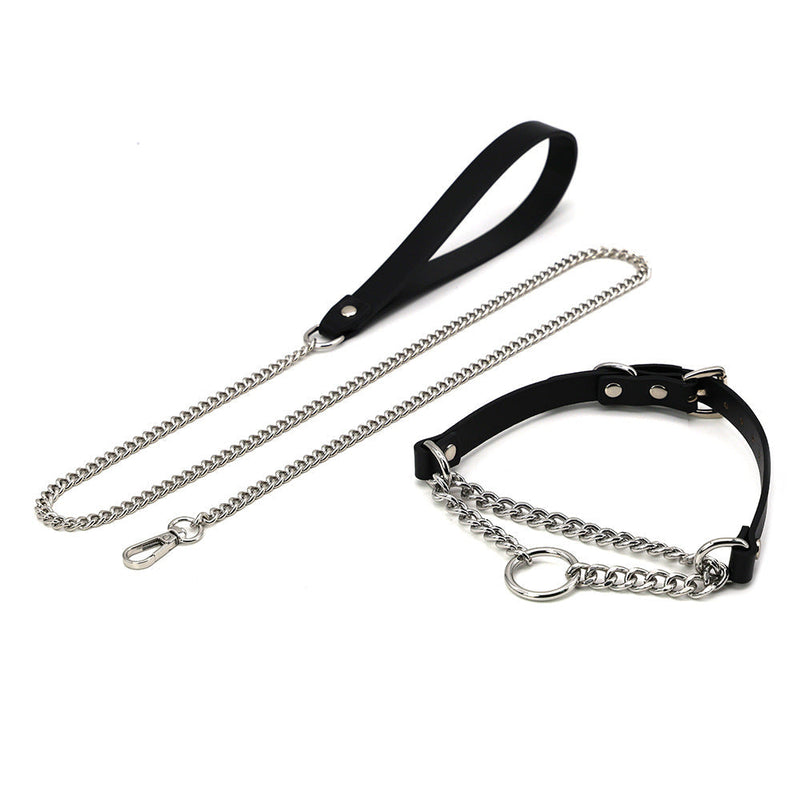 HKM-8975677 Black Leather Collar and Leash Set for Punk Fashion and Sub-Cultures