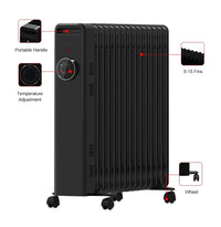 HKM-897811 Oil-Filled Radiator Heater with Adjustable Thermostat and Safety Features, 1500W to 2500W, 7-15 Fins