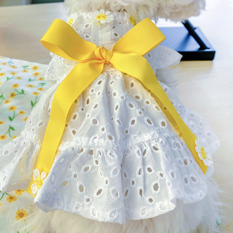 HKM-8980029 Daisy Flower Princess Dog Skirt with Hollow Bow, Polyester, Size XS-XL