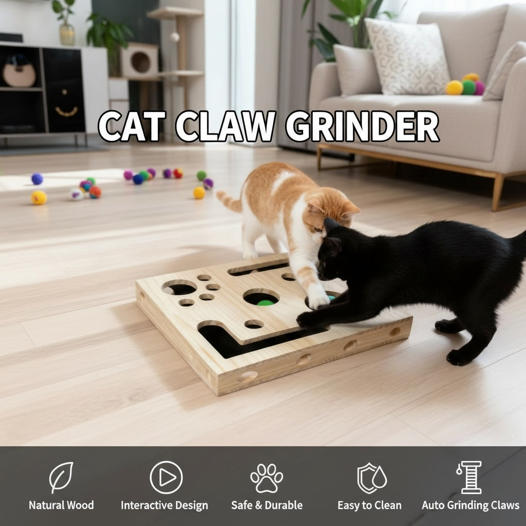 HKM-8981053 Solid Wood Maze Pet Toy with Three Bell Balls - Maze Peek-a-Boo Design for Entertaining and Claw Sharpening