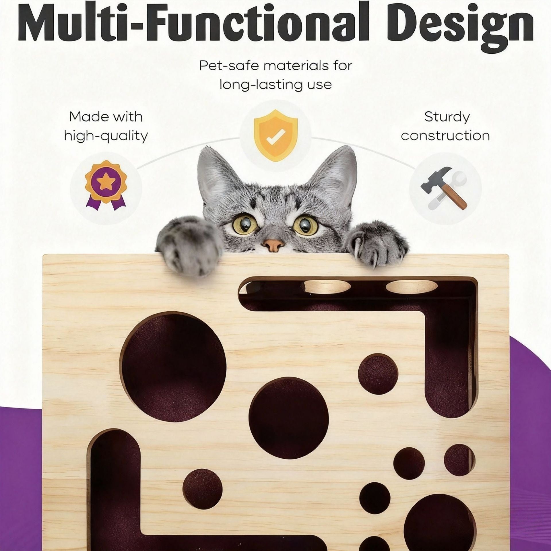 HKM-8981053 Solid Wood Maze Pet Toy with Three Bell Balls - Maze Peek-a-Boo Design for Entertaining and Claw Sharpening