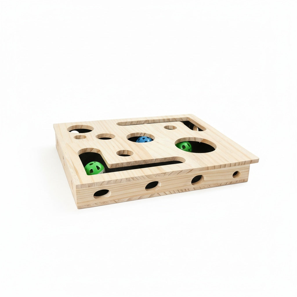 HKM-8981053 Solid Wood Maze Pet Toy with Three Bell Balls - Maze Peek-a-Boo Design for Entertaining and Claw Sharpening