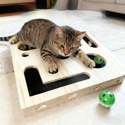 HKM-8981053 Solid Wood Maze Pet Toy with Three Bell Balls - Maze Peek-a-Boo Design for Entertaining and Claw Sharpening