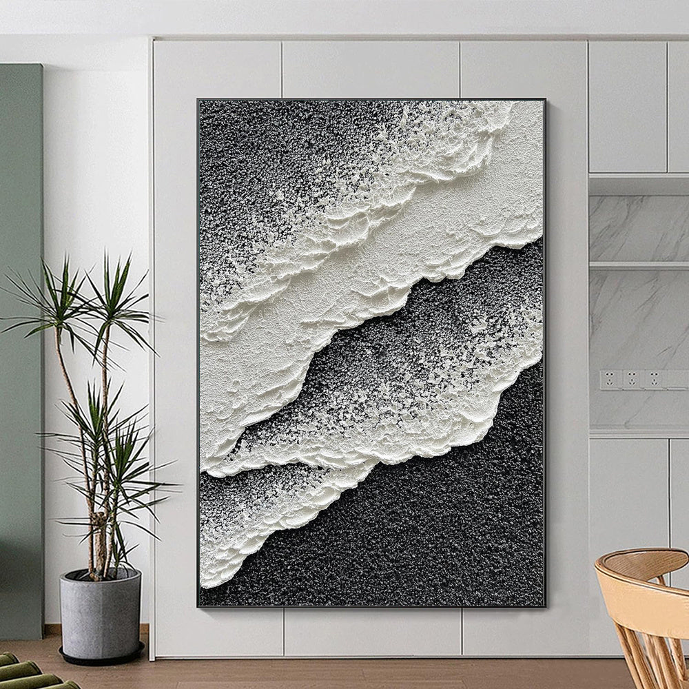HKM-898131 Hand-Painted Black and White Sea Wave Abstract Oil Painting on Canvas for Modern Home Decor