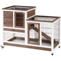 HKM-8983101 Elevated Wooden Rabbit Hutch with Enclosed Run, Wheels, Ramp, and Removable Tray for Small Animals