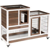 HKM-8983101 Elevated Wooden Rabbit Hutch with Enclosed Run, Wheels, Ramp, and Removable Tray for Small Animals