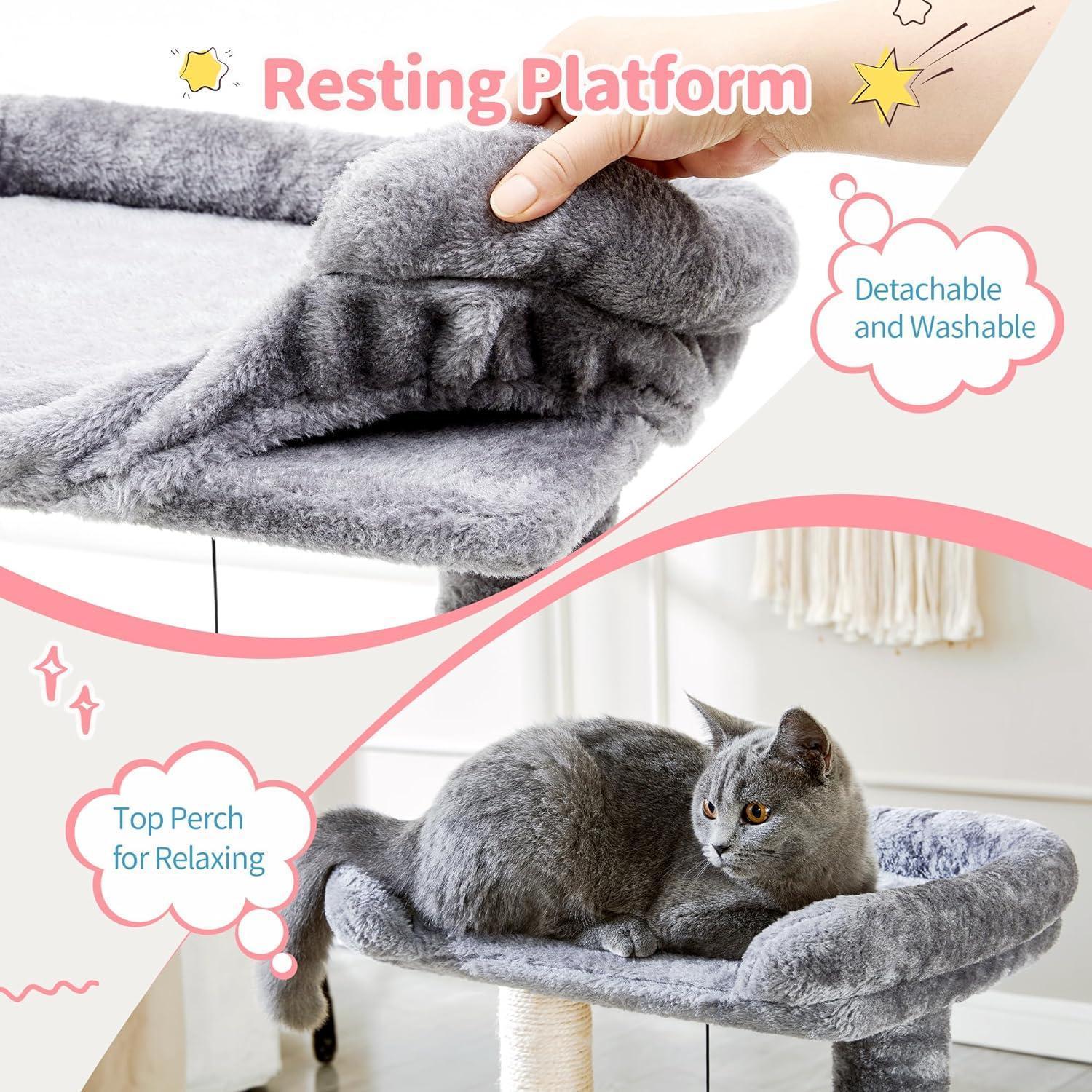 HKM-8984893 4-in-1 Cat Tree Tower with Self-Grooming Brush and Sisal Scratching Post, Plush Bed and Toy Balls for Indoor Kittens
