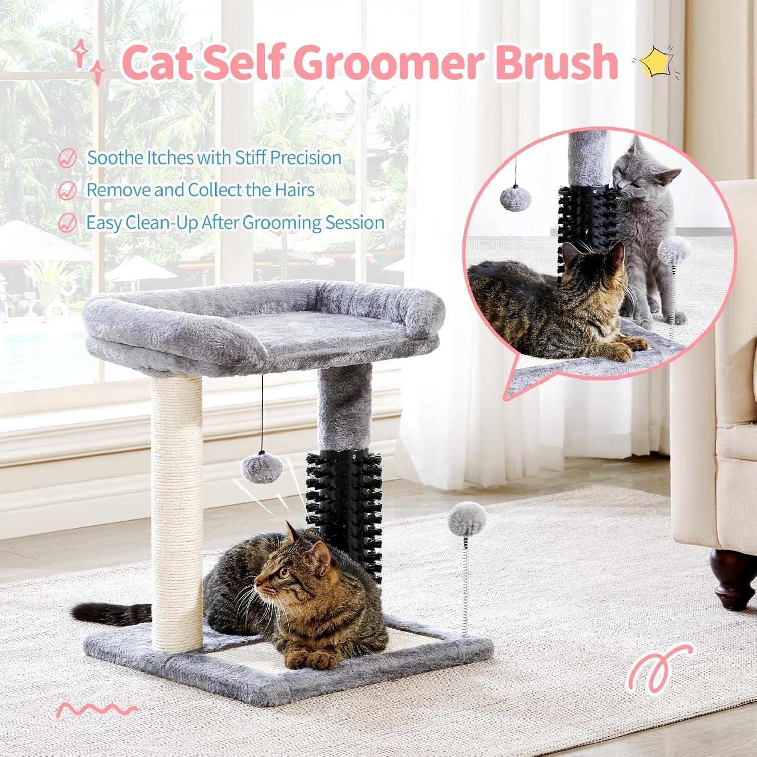 HKM-8984893 4-in-1 Cat Tree Tower with Self-Grooming Brush and Sisal Scratching Post, Plush Bed and Toy Balls for Indoor Kittens