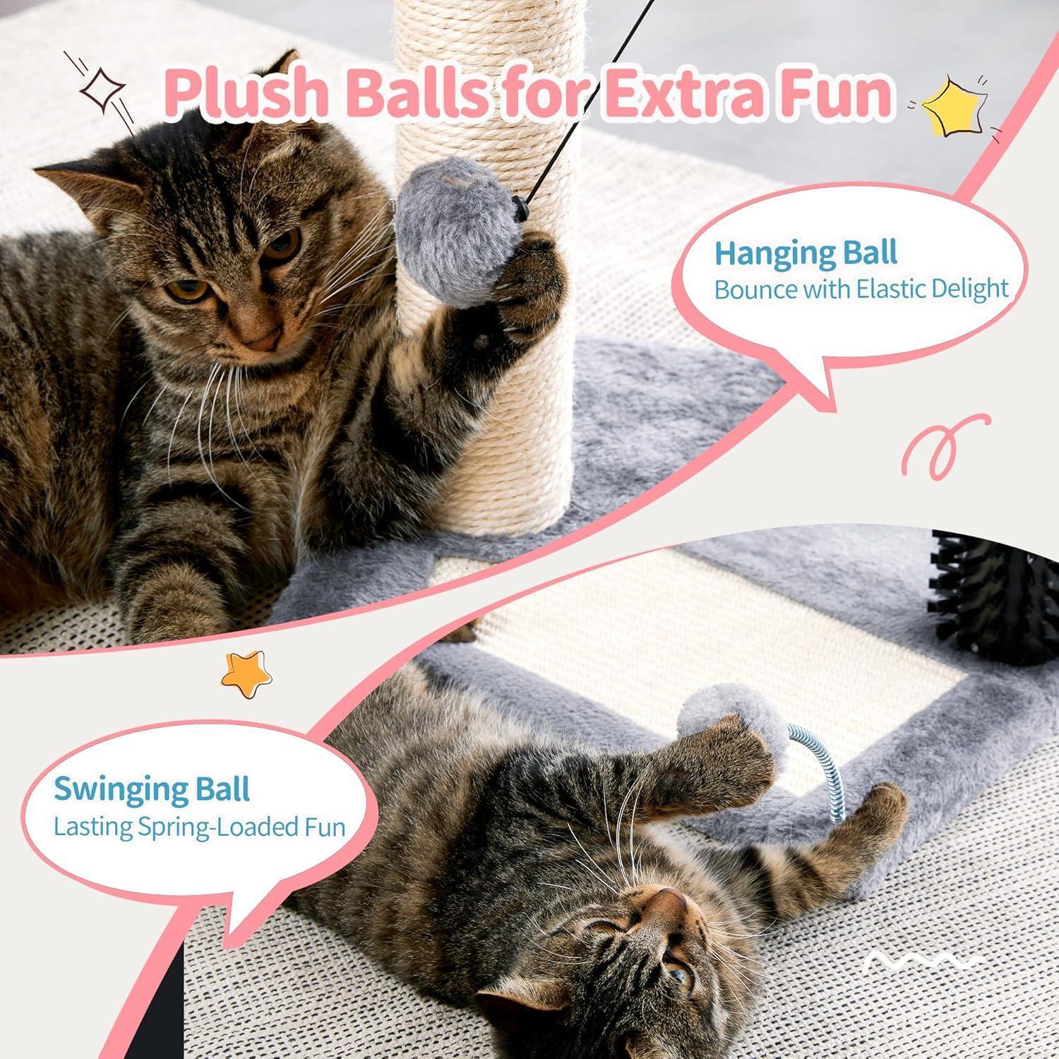 HKM-8984893 4-in-1 Cat Tree Tower with Self-Grooming Brush and Sisal Scratching Post, Plush Bed and Toy Balls for Indoor Kittens