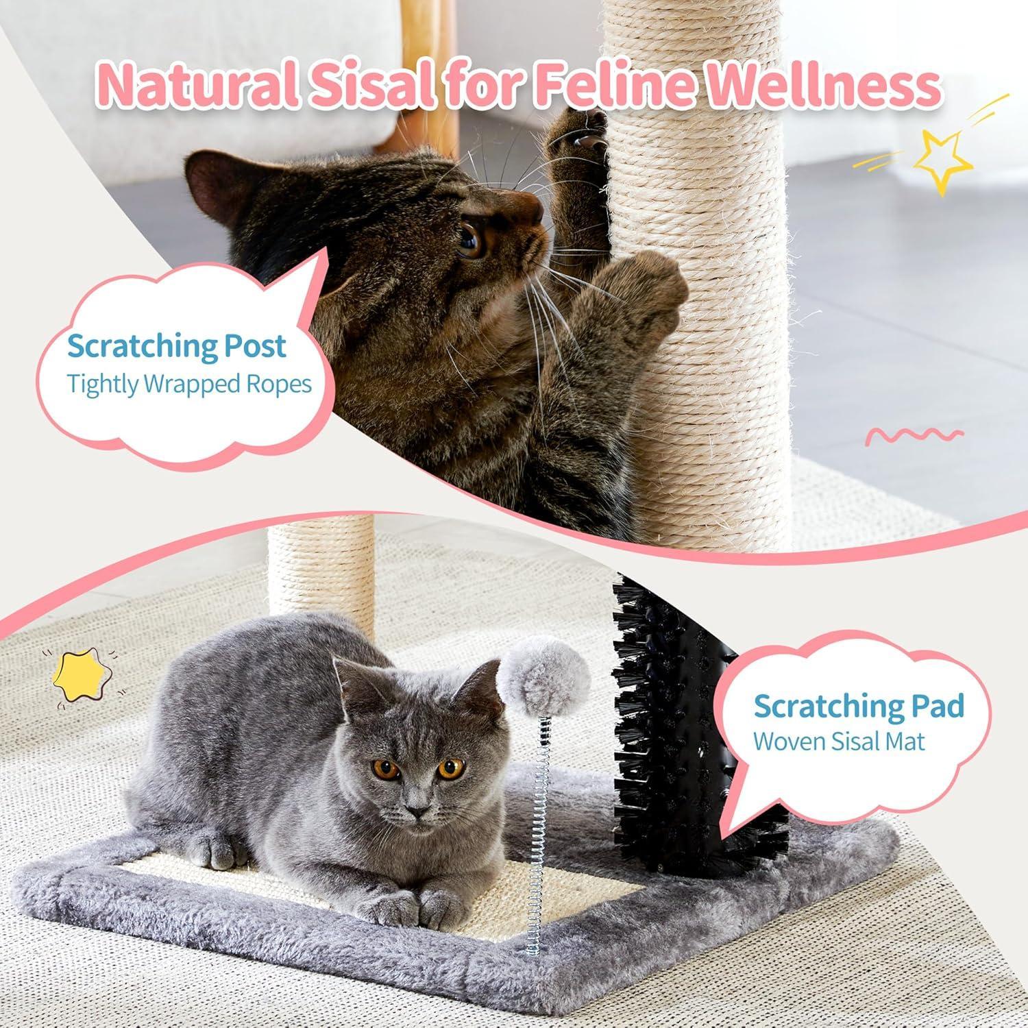 HKM-8984893 4-in-1 Cat Tree Tower with Self-Grooming Brush and Sisal Scratching Post, Plush Bed and Toy Balls for Indoor Kittens