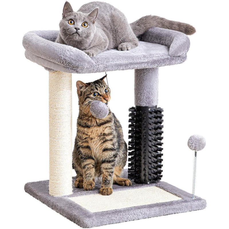 HKM-8984893 4-in-1 Cat Tree Tower with Self-Grooming Brush and Sisal Scratching Post, Plush Bed and Toy Balls for Indoor Kittens