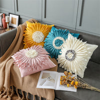 HKM-898579 Velvet 3D Chrysanthemum Decorative Throw Pillow with Fringed Hem - Blue, 45CM x 45CM