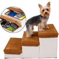 HKM-8999101 Foldable Brown Flannel and Cotton Pet Dog Stairs with 25KG Load Capacity and Storage Box