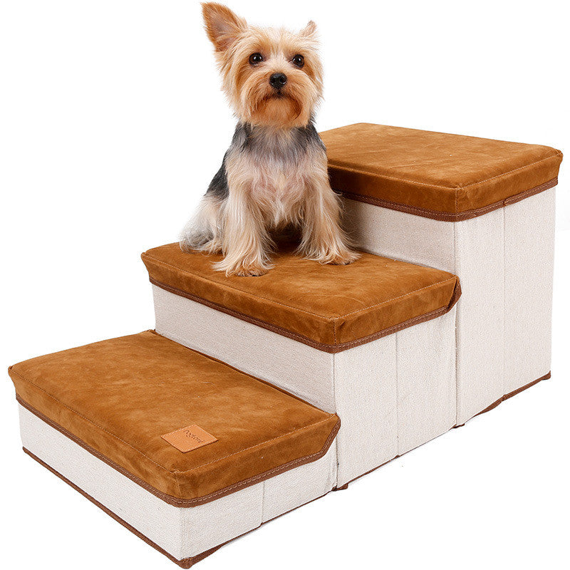 HKM-8999101 Foldable Brown Flannel and Cotton Pet Dog Stairs with 25KG Load Capacity and Storage Box