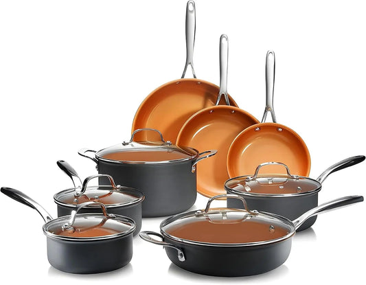HKM-900051 13-Piece Easy Clean Nonstick Metal and Glass Cookware Set with Ceramic Coating for Home Cooking
