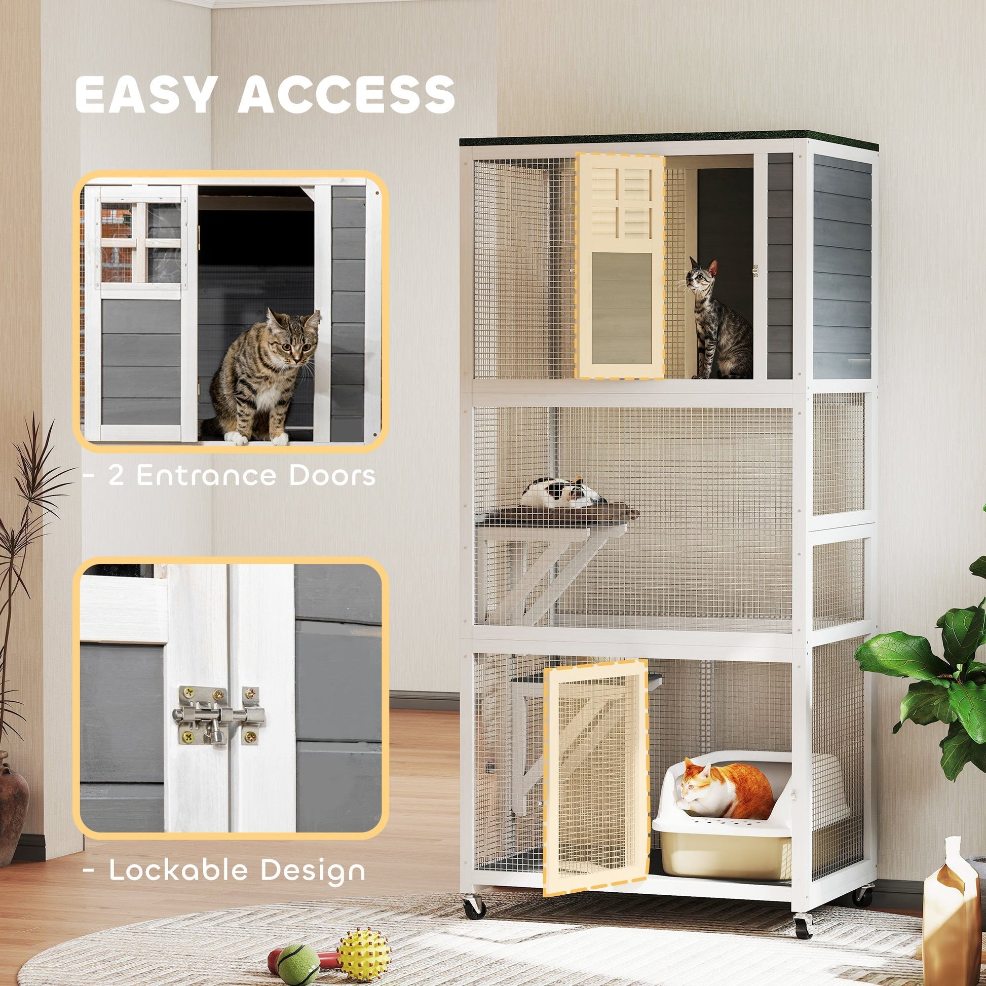HKM-9000765 Outdoor Cat Enclosure with Weatherproof Features and Wheels - 74-Inch Large Catio