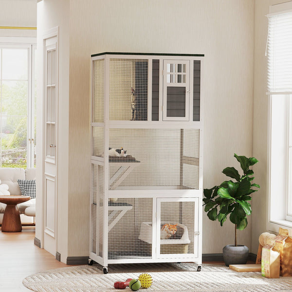 HKM-9000765 Outdoor Cat Enclosure with Weatherproof Features and Wheels - 74-Inch Large Catio