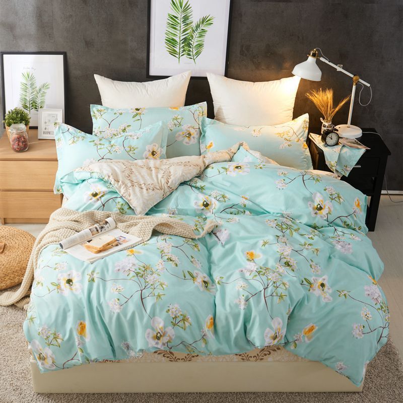 HKM-900115 Urban Plant and Flower Print Quilted Bedding Set - 4 Pieces in Polyester Fiber
