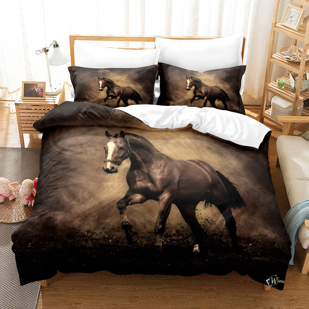 HKM-900819 Animal Horse Pattern Coral Fleece 3-Piece Quilt Cover Set - Soft and Cozy Bedding for Home