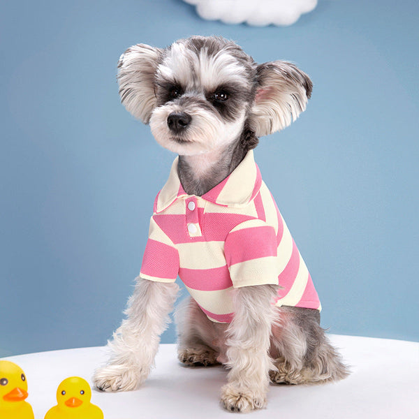 HKM-9010621 Striped Pet Dog Polo Shirt with Beaded Lapel - Elastic Fit in Various Colors and Sizes