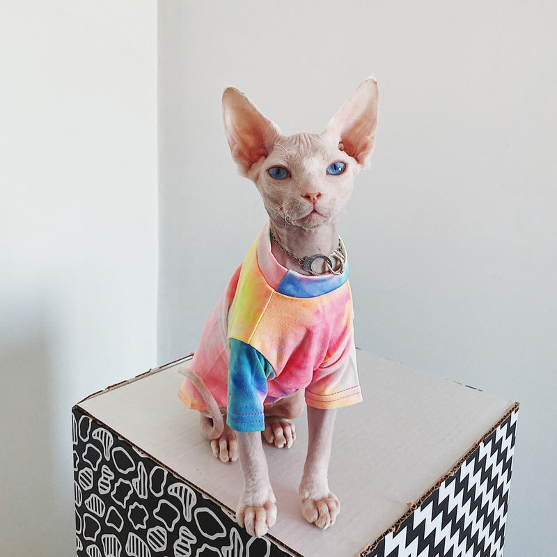 HKM-9012029 Casual Tie-Dye Rainbow Vest for Hairless Cats - Cotton Pet Clothes