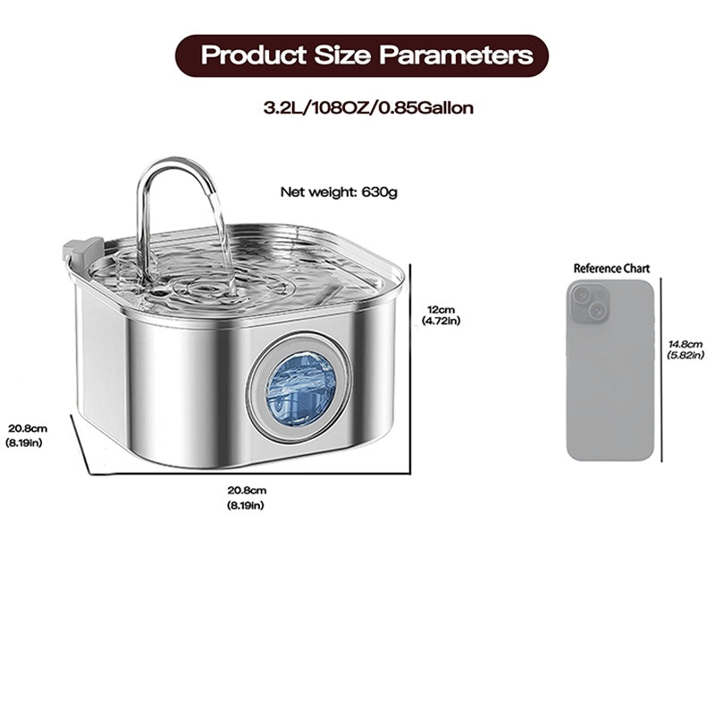 HKM-9012285 Stainless Steel Cat Water Fountain, 108oz Automatic Pet Drinking Dispenser with Quadruple Filtration System
