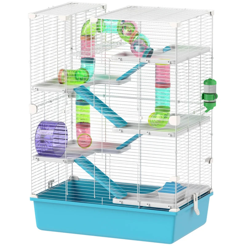 HKM-9015869 Six-Tier Dwarf Hamster Cage with Tubes, Tunnels, Hut, Wheel, Food Dish, Water Bottle, and Ramps - Light Blue