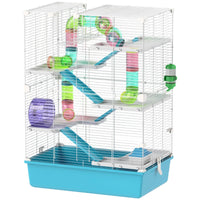 HKM-9015869 Six-Tier Dwarf Hamster Cage with Tubes, Tunnels, Hut, Wheel, Food Dish, Water Bottle, and Ramps - Light Blue