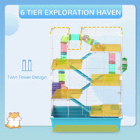HKM-9015869 Six-Tier Dwarf Hamster Cage with Tubes, Tunnels, Hut, Wheel, Food Dish, Water Bottle, and Ramps - Light Blue