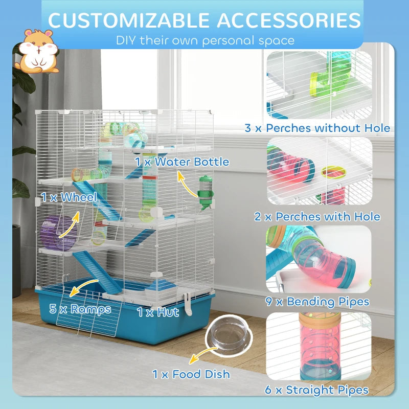 HKM-9015869 Six-Tier Dwarf Hamster Cage with Tubes, Tunnels, Hut, Wheel, Food Dish, Water Bottle, and Ramps - Light Blue