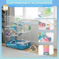 HKM-9015869 Six-Tier Dwarf Hamster Cage with Tubes, Tunnels, Hut, Wheel, Food Dish, Water Bottle, and Ramps - Light Blue