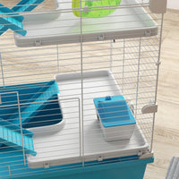 HKM-9015869 Six-Tier Dwarf Hamster Cage with Tubes, Tunnels, Hut, Wheel, Food Dish, Water Bottle, and Ramps - Light Blue