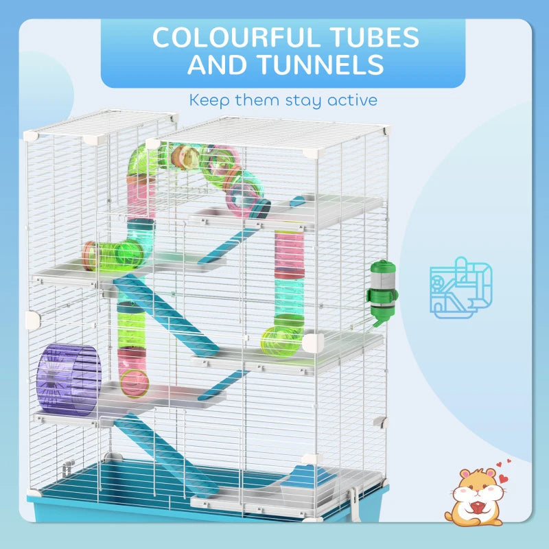 HKM-9015869 Six-Tier Dwarf Hamster Cage with Tubes, Tunnels, Hut, Wheel, Food Dish, Water Bottle, and Ramps - Light Blue