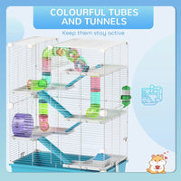 HKM-9015869 Six-Tier Dwarf Hamster Cage with Tubes, Tunnels, Hut, Wheel, Food Dish, Water Bottle, and Ramps - Light Blue
