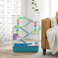 HKM-9015869 Six-Tier Dwarf Hamster Cage with Tubes, Tunnels, Hut, Wheel, Food Dish, Water Bottle, and Ramps - Light Blue